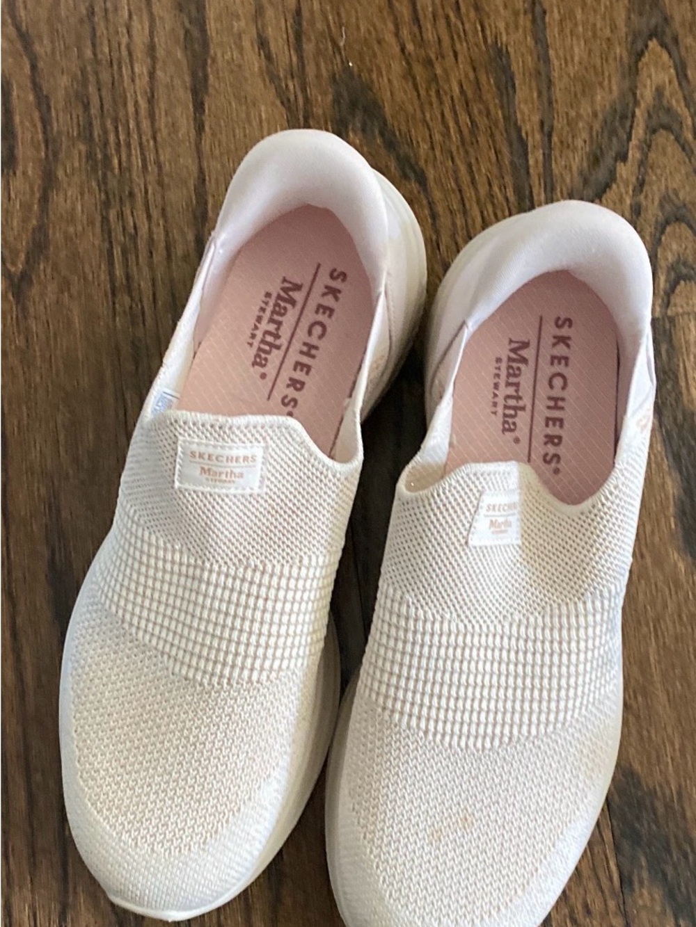 Skechers Slip-On Knit Sneakers in Cream with Pink Insole